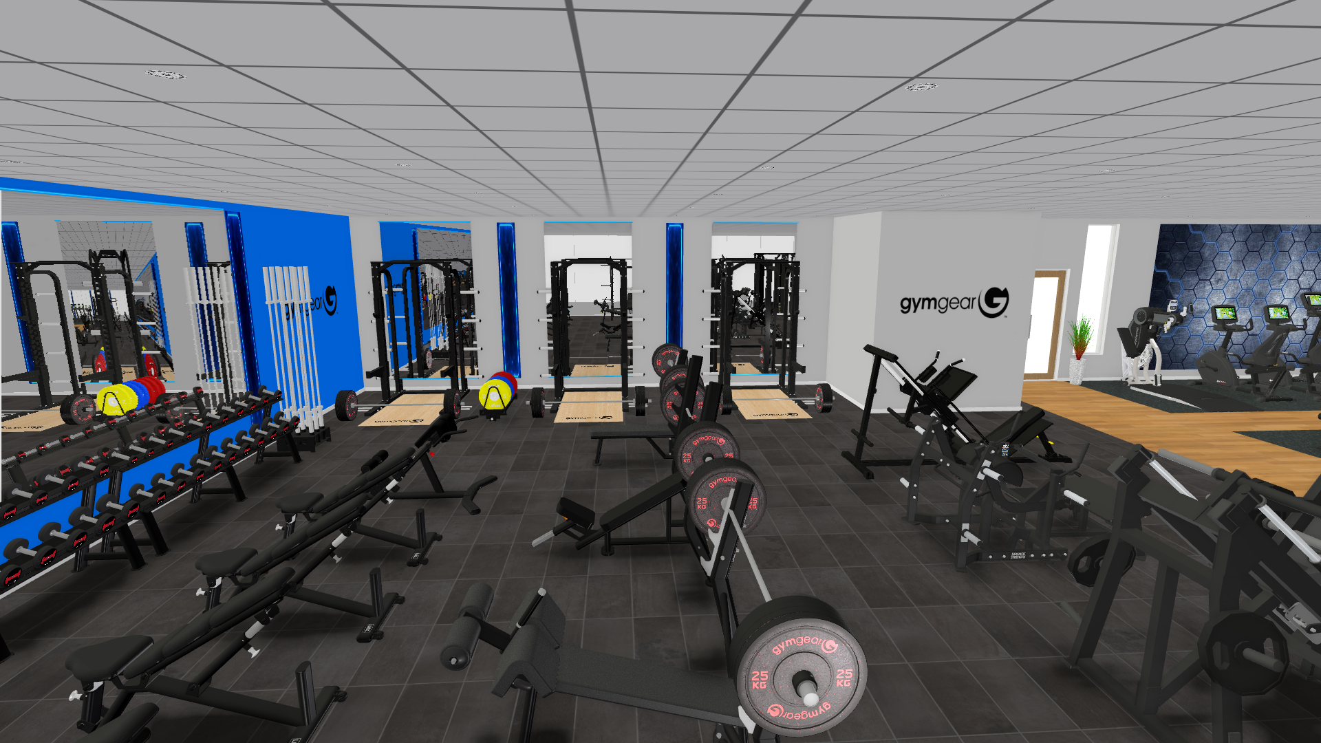Digital rendering of a refurbished gym layout featuring multiple strength-training stations. The foreground shows rows of benches and weightlifting machines with barbells and plates. On the left, there is a rack of dumbbells and colorful weight plates near blue accent walls. The back wall has three squat racks positioned side by side. To the right, the space transitions into a cardio area with treadmills and exercise bikes on a wooden floor.