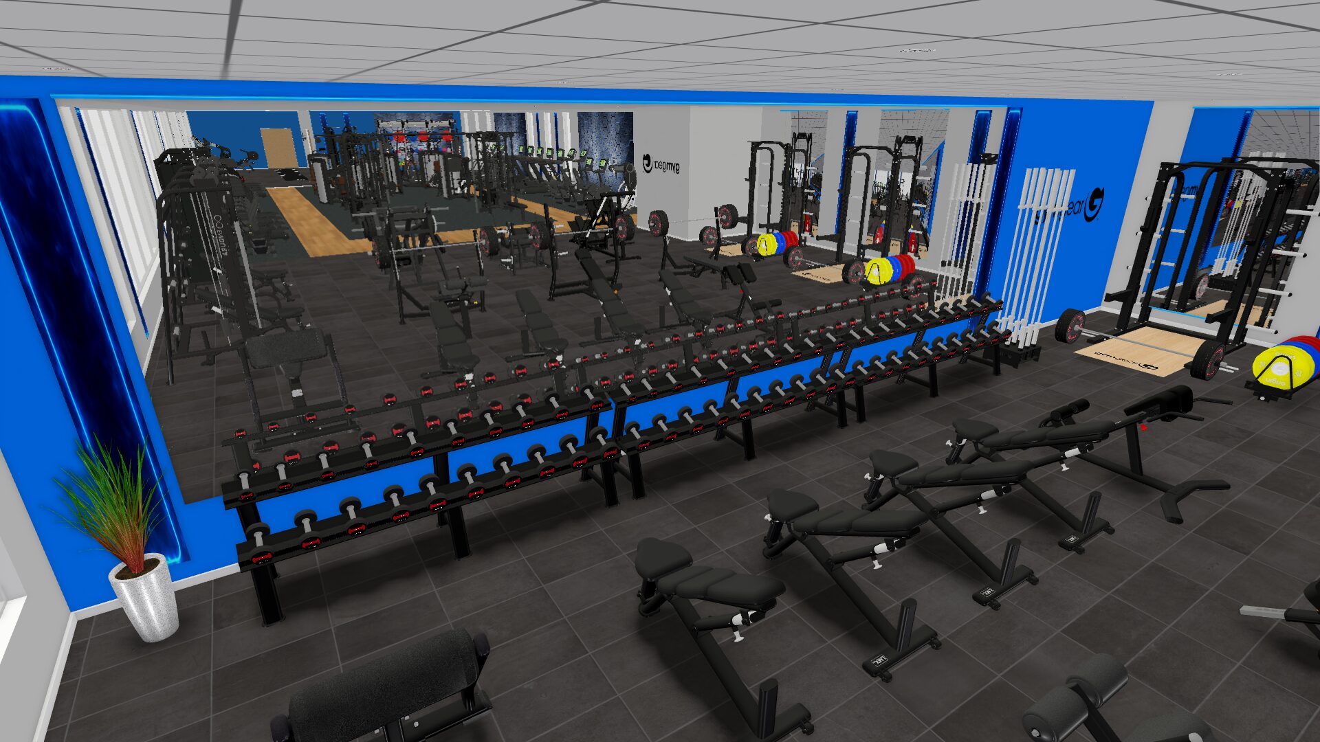 Digitally generated image to show a section of the proposed refurbished gym at Heywood Sports Village. The image shows rows of black adjustable weight benches and dumbbell racks with red accents in the foreground. The back wall has large mirrors reflecting the space, and multiple squat racks and weightlifting stations are visible. The walls are painted bright blue with some white sections.