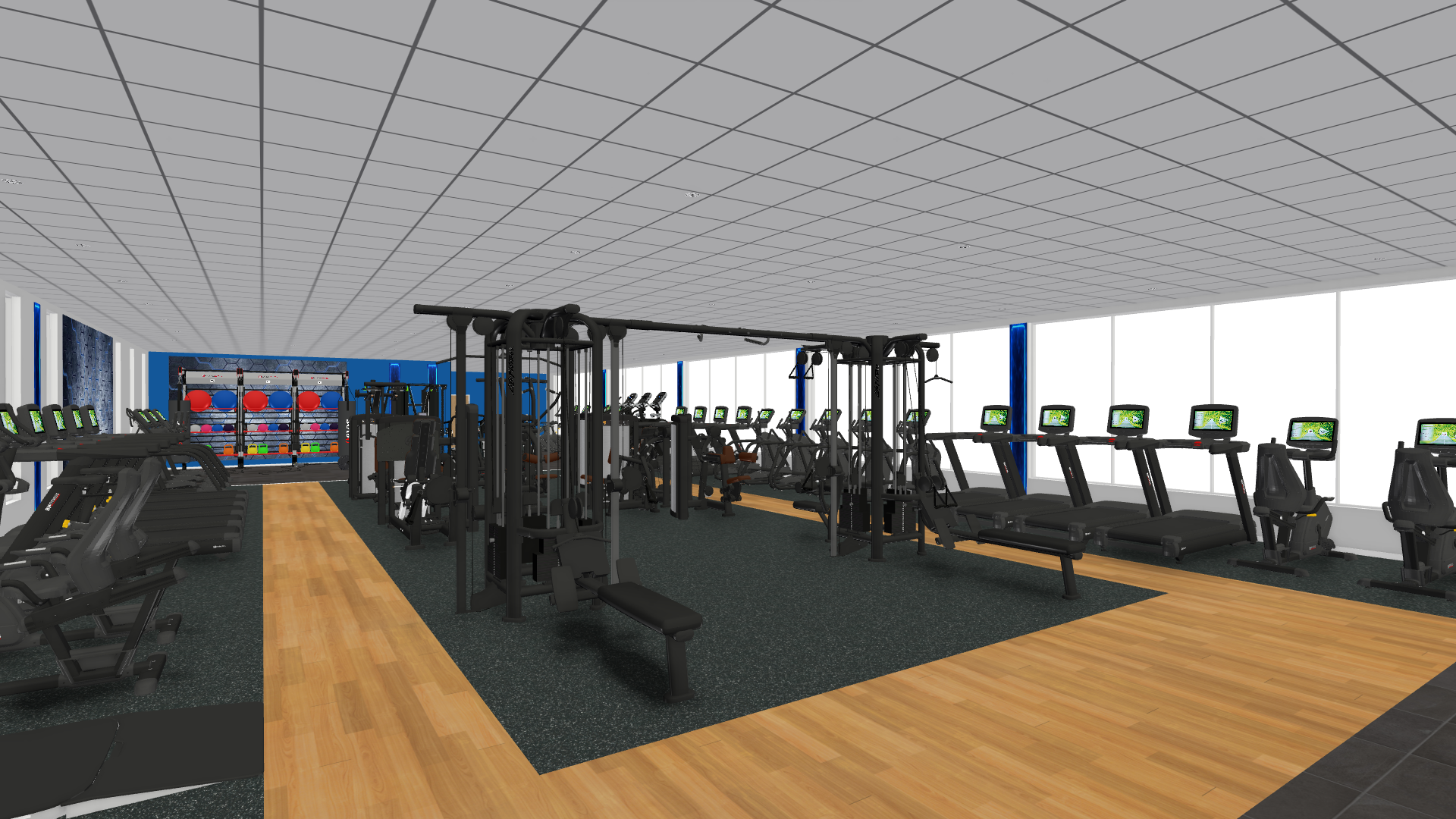 A digitally generated image to show the proposed refurbished gym at Heywood Sports Village featuring a spacious layout with rows of treadmills equipped with digital screens, strength machines, and a central multi-station cable machine. The flooring combines light wood and dark rubber surfaces, and the walls have bright white panels with blue accents. Large windows provide natural light, creating a modern and open workout environment.