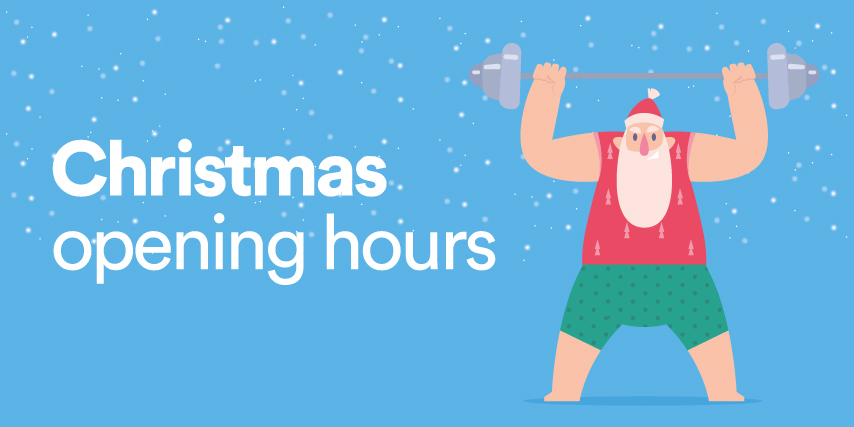 Illustration of a festive character dressed as Santa lifting a barbell against a blue background with falling snow. Text on the left reads ‘Christmas opening hours’ in bold white letters.